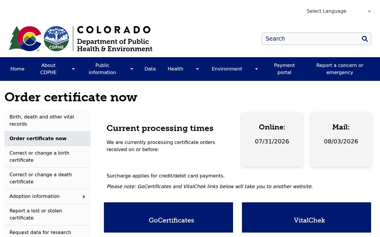 Colorado Springs residents directory vital record application